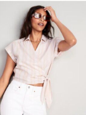 OLD NAVY NWT  Wrap Front Cropped Oxford Sarong Blouse Neutral Stripe - Size XXL